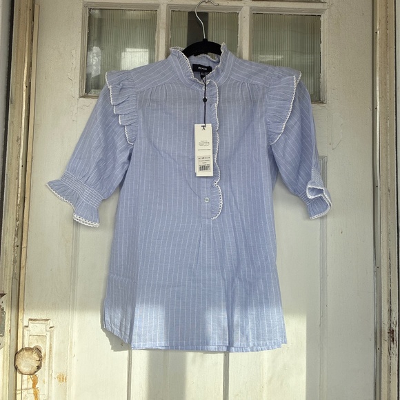 ME+EM NWT Cotton Voile Short Sleeve Striped Frill Detail Top - Picture 5 of 5